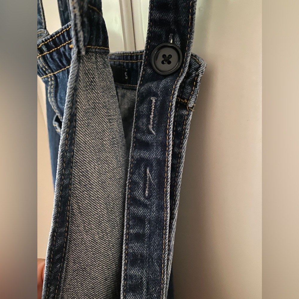 overall denim dress contrast stitching front patch pocket adjustable Straps S - Picture 9 of 10